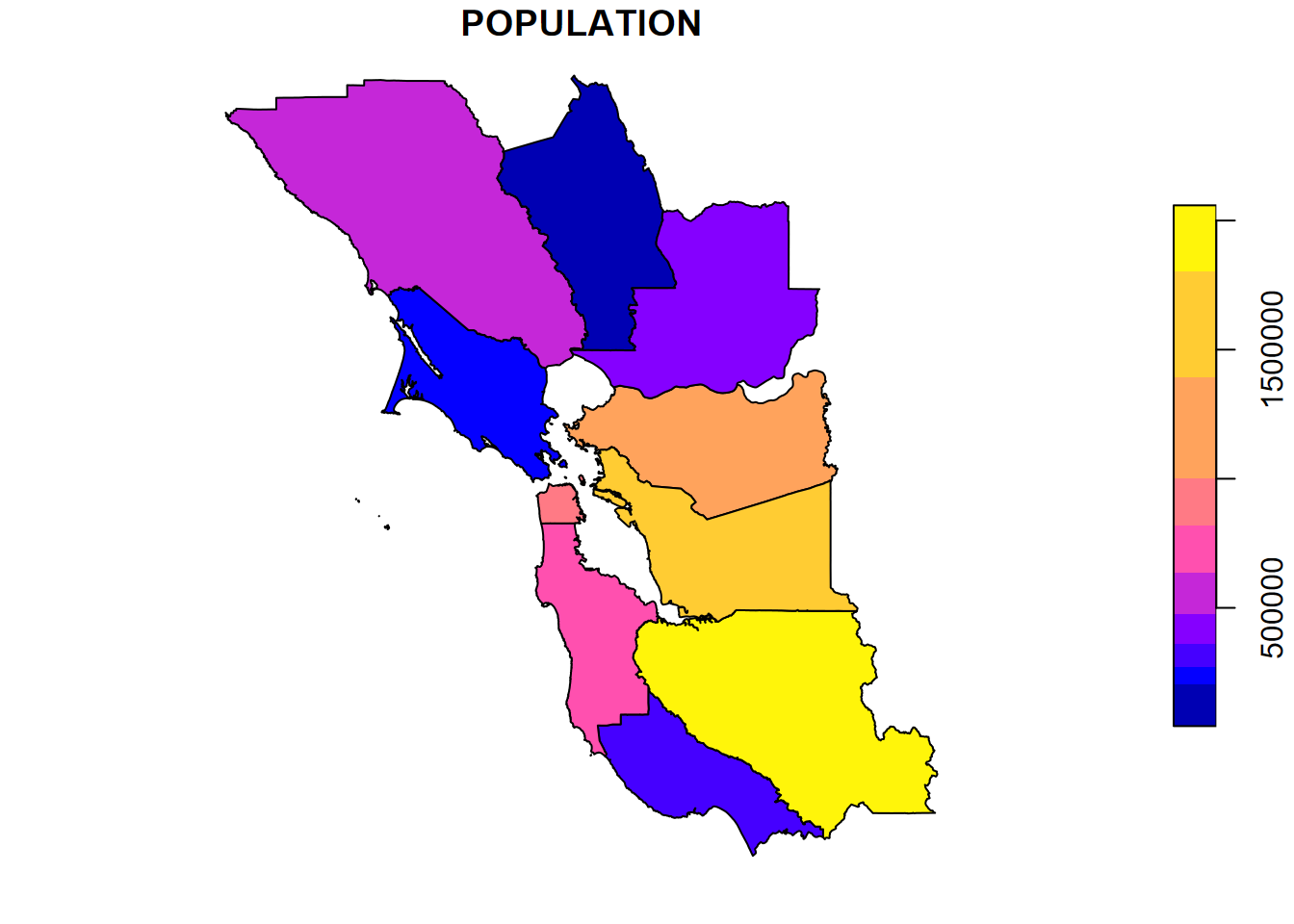 plot(BayAreaCounties["POPULATION"]