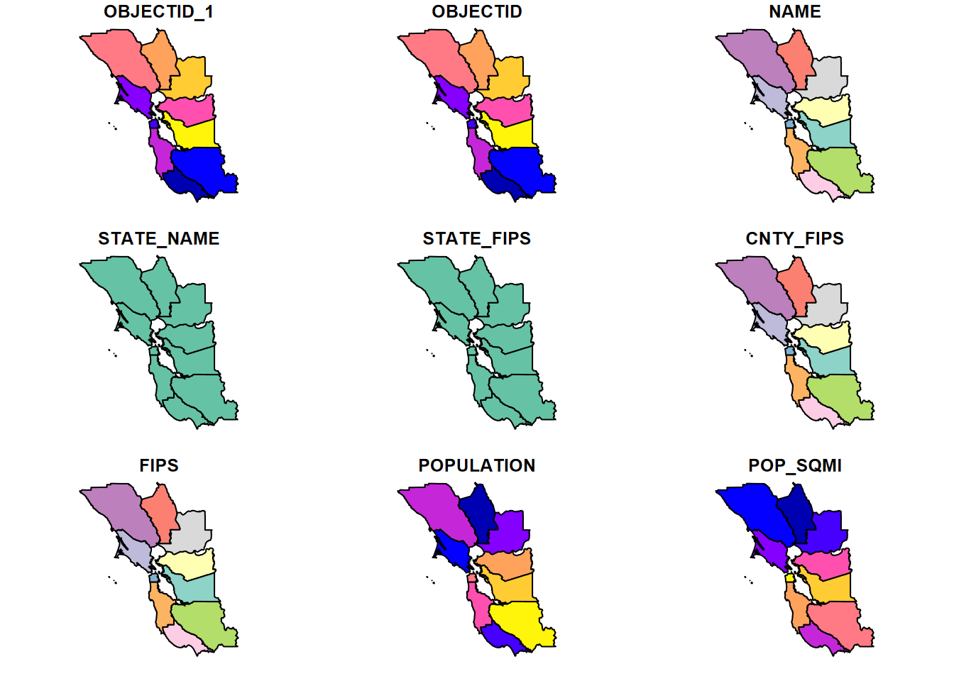 `plot(BayAreaCounties)` by default shows all variables