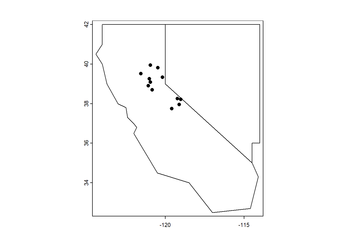 Base R plot of twostates and stations SpatVectors