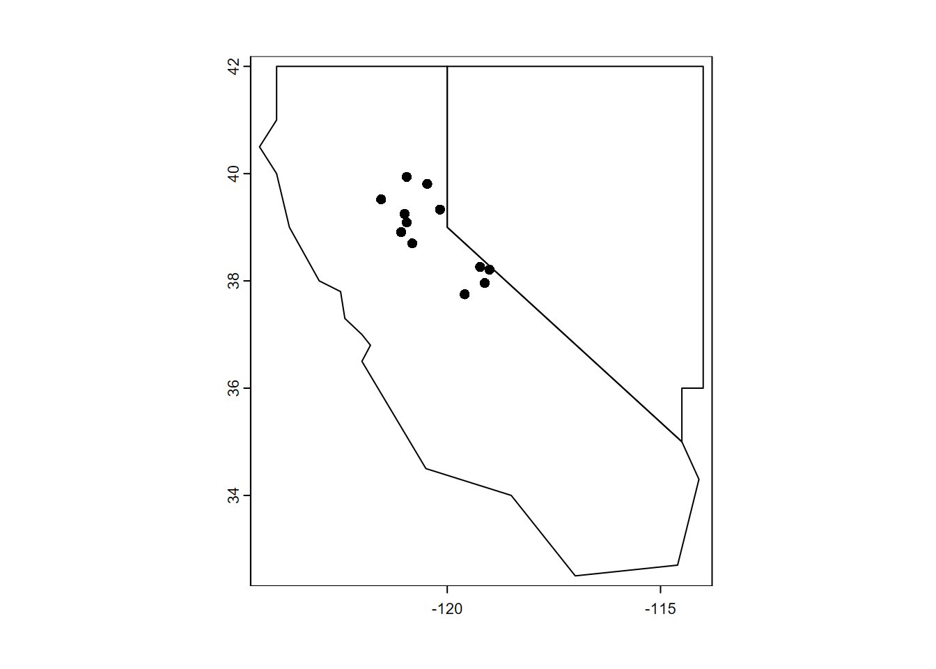 Base R plot of twostates and stations SpatVectors