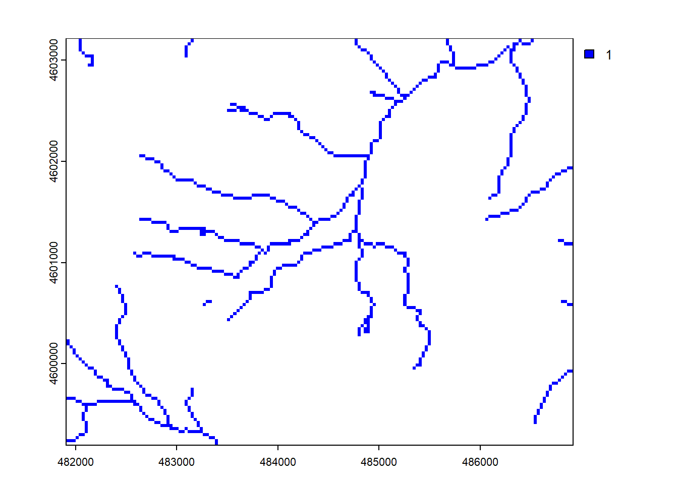 Stream raster converted from stream features, with 30 m cells from an elevation raster template