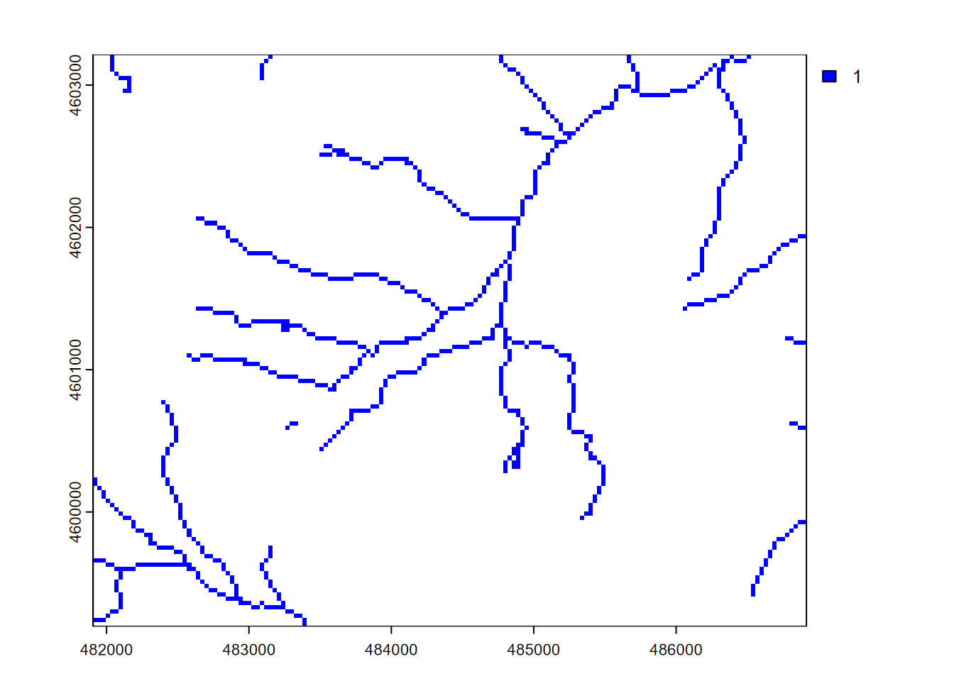 Stream raster converted from stream features, with 30 m cells from an elevation raster template