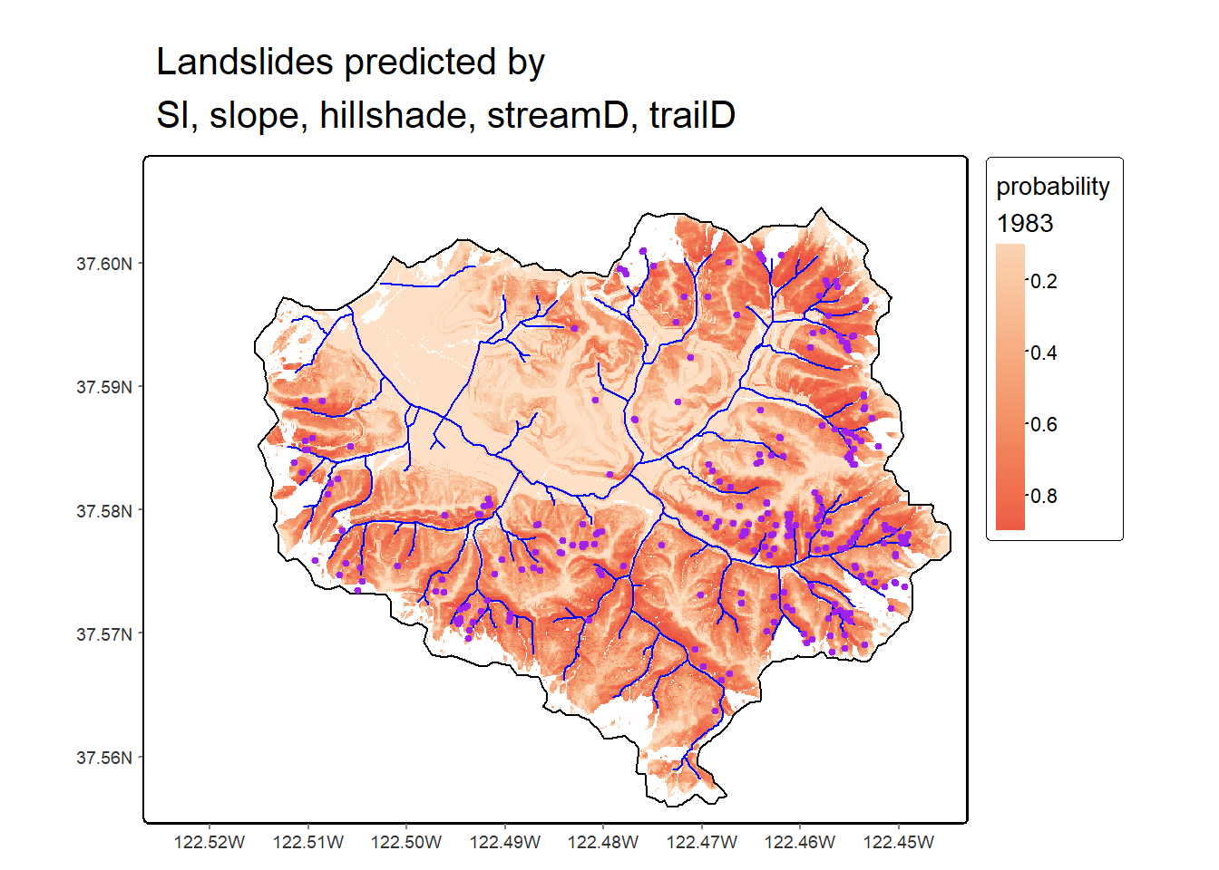 Logistic model prediction of 1983 landslide probability