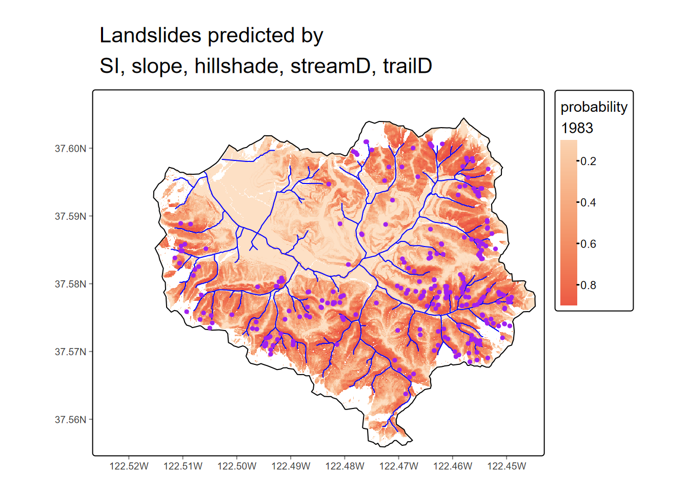 Logistic model prediction of 1983 landslide probability