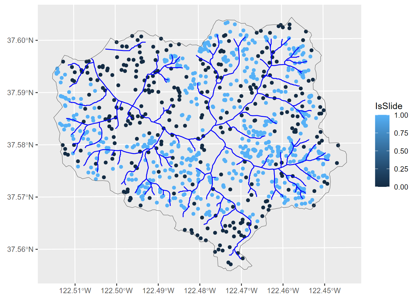 Landslides and random points (excluded from slide buffers)