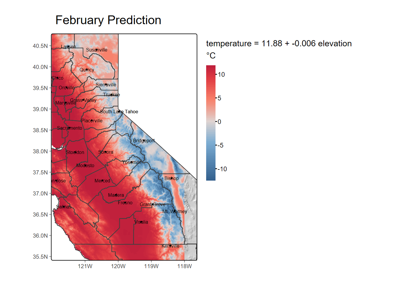 Temperature predicted by elevation raster