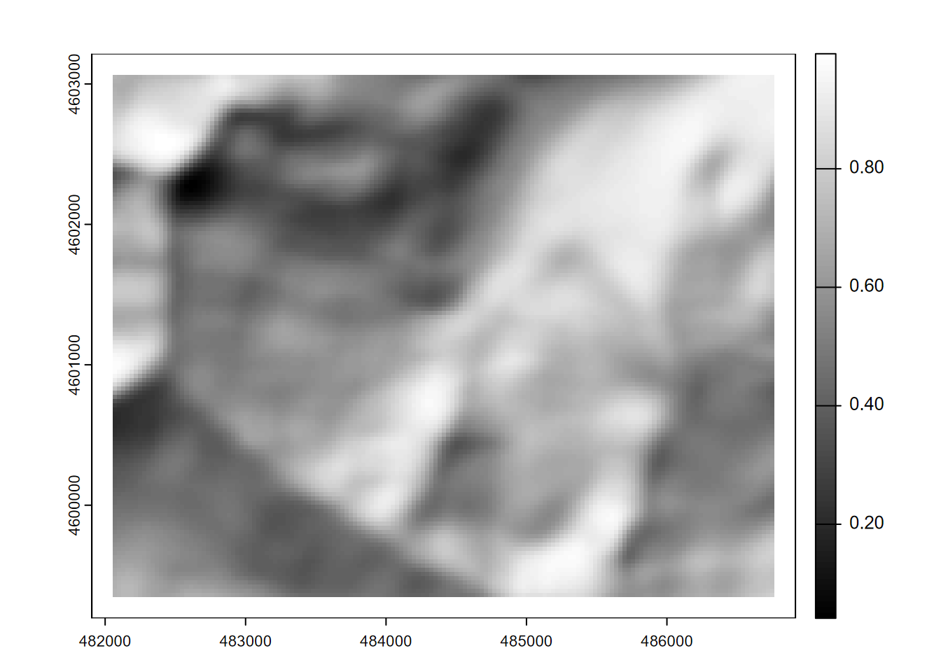 Hillshade of 9x9 focal mean of elevation