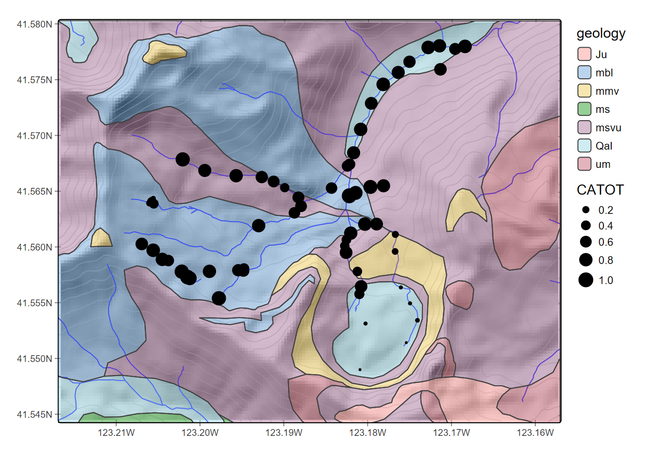 Calcium carbonate total hardness at sample points, showing geologic units