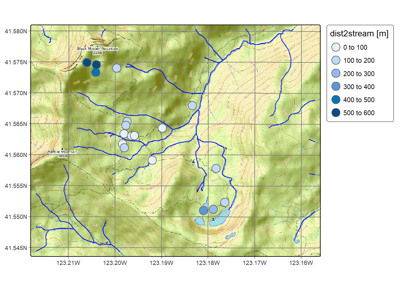 Distance from CO2 samples to closest streams (not including lakes)