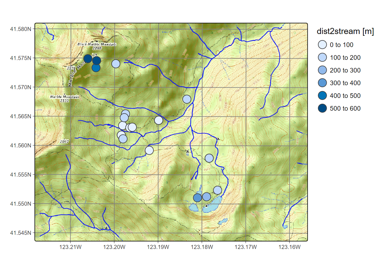 Distance from CO2 samples to closest streams (not including lakes)