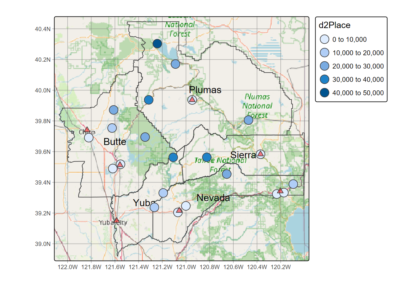 Distance to towns (places) from weather stations