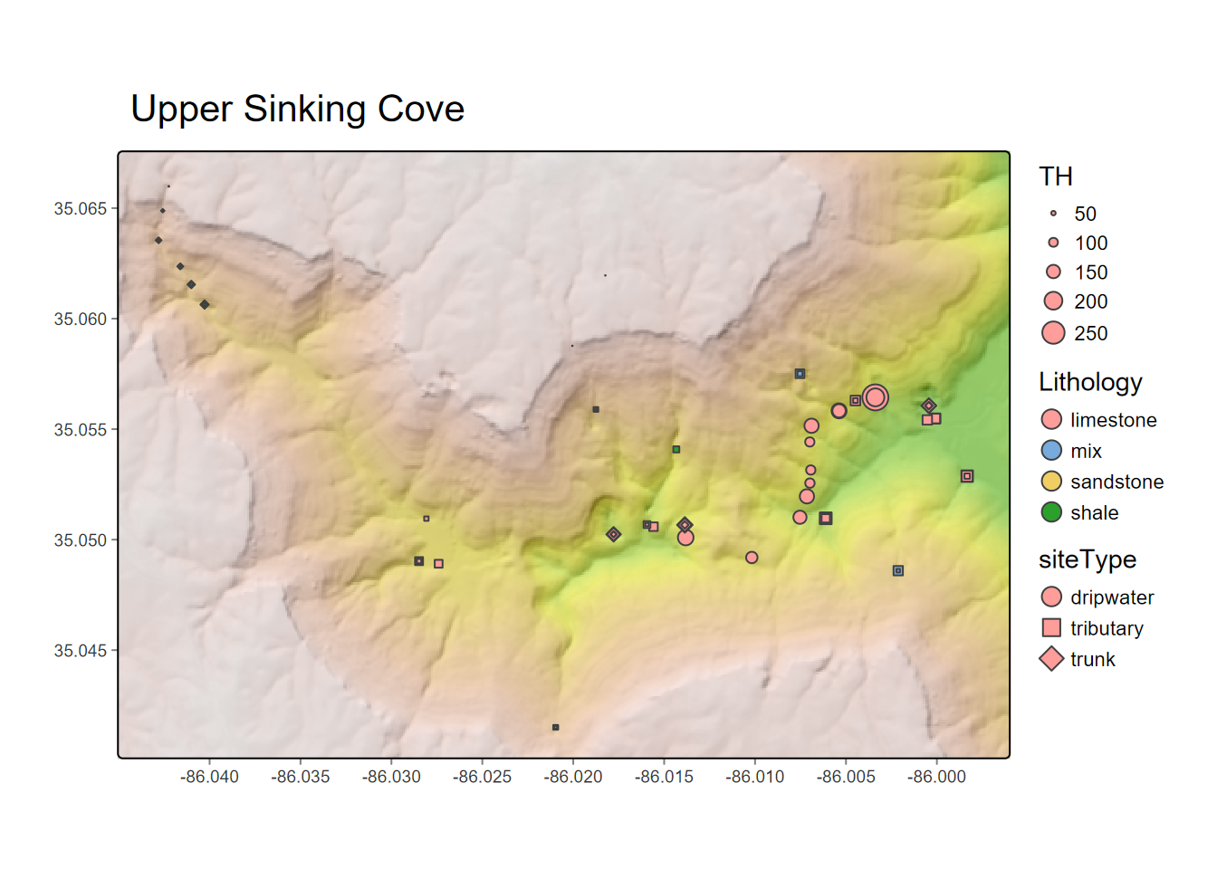 Total hardness from dissolved carbonates at water sampling sites in Upper Sinking Cove, TN