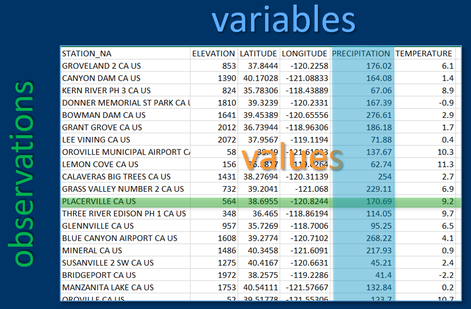 Variables, observations and values in rectangular data