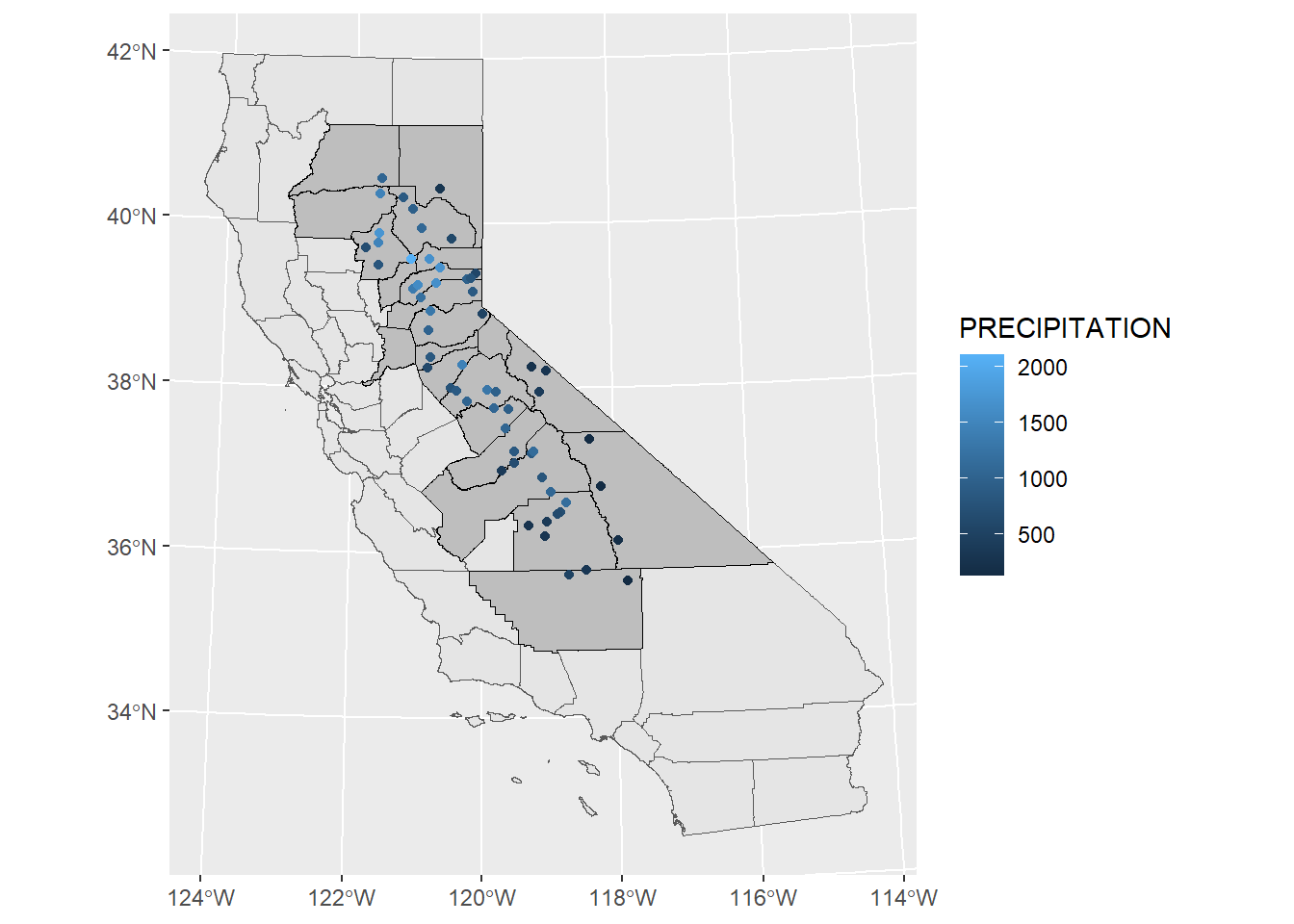 Precipitation map in Teale Albers in Sierra counties