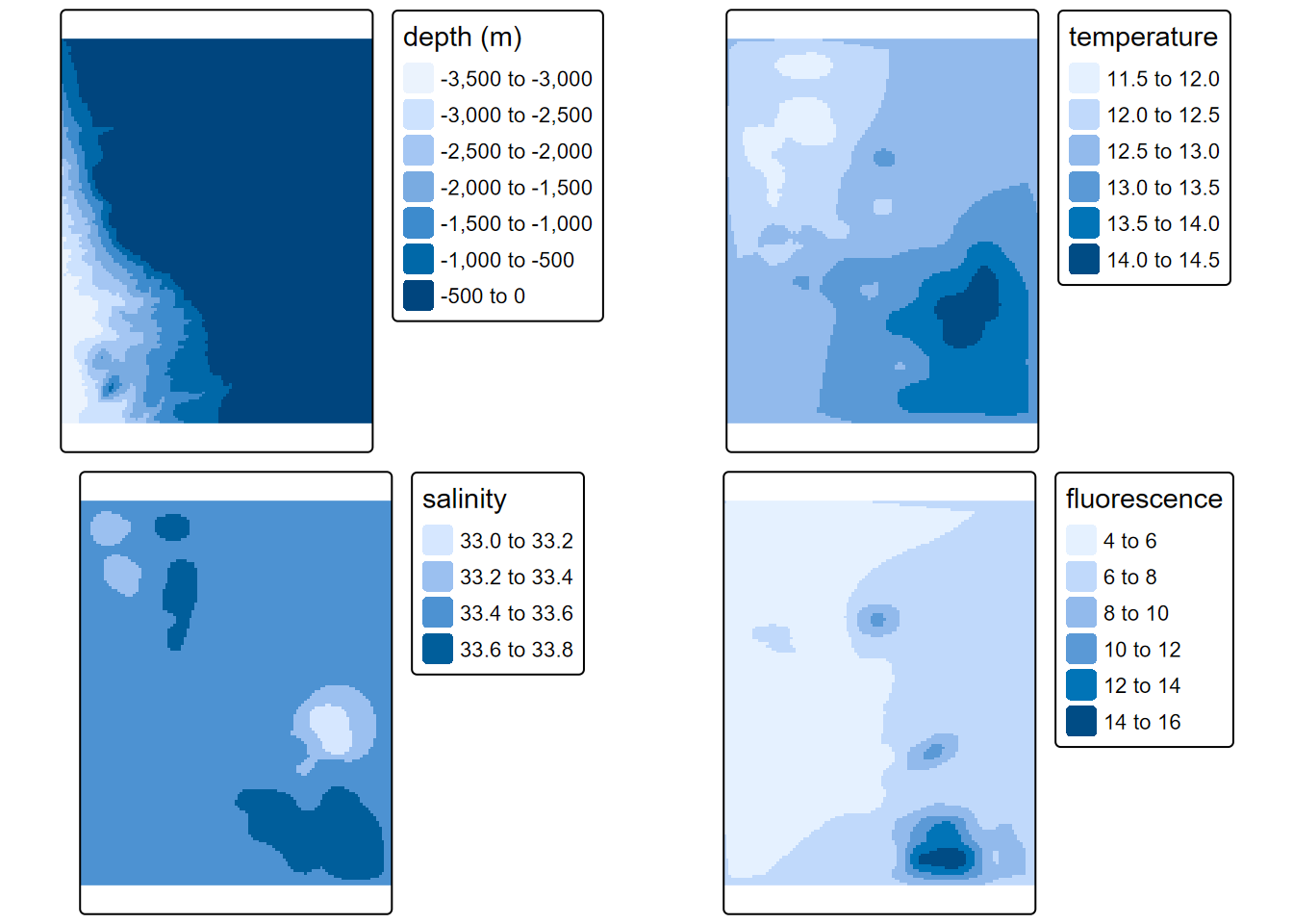 Interpolated depth, salinity and fluorescence, mean of July samples in years 2004:2011