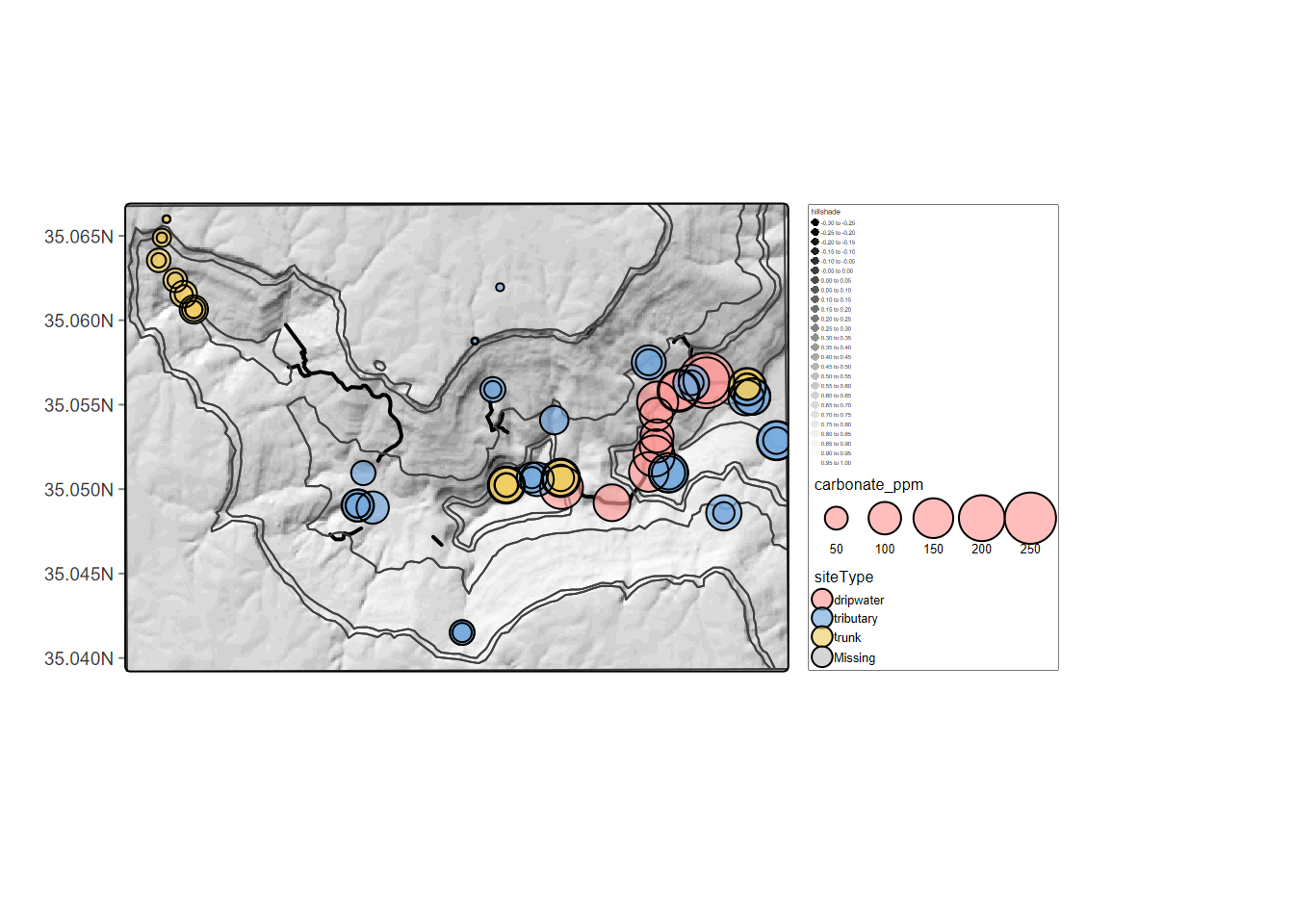 Upper Sinking Cove water sample results, with major caves as black lines