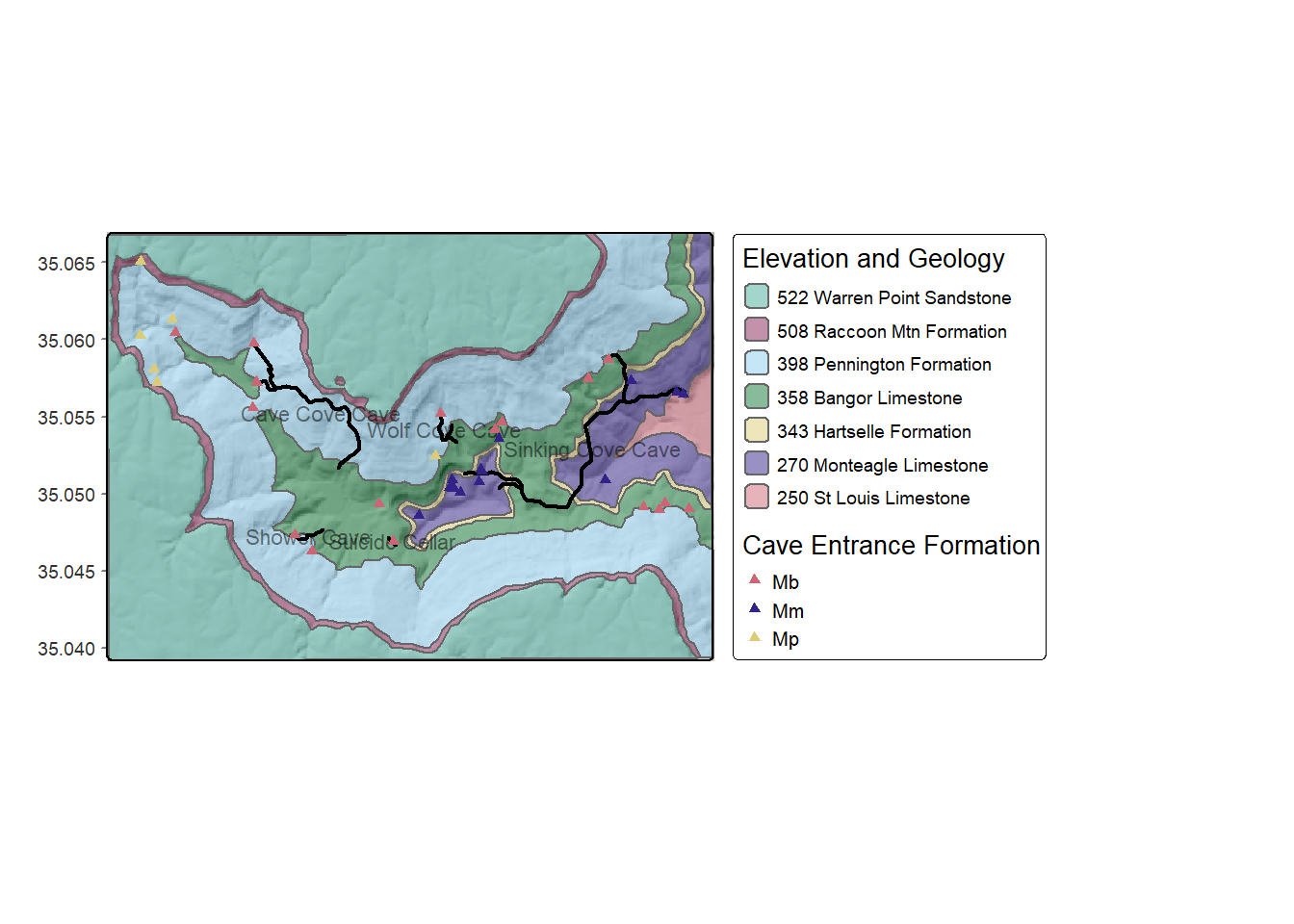 Upper Sinking Cove geology with caves