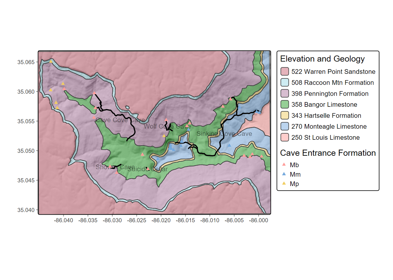 Upper Sinking Cove geology with caves