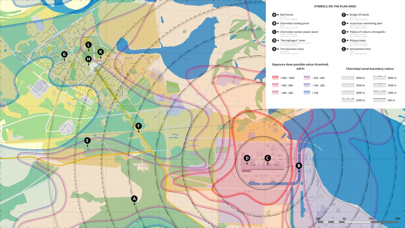 Chernobyl and Pripyat radiation exposure intensity (colour contours) and distance (black contours) from the Chernobyl nuclear power station. Note that prevailing winds and geomorphology affected the exposure contours, creating asymmetries compared to the distance contours. Nevertheless, for many applications where we have no direct information on the explanatory variable (here, radiation exposure), the distance-from-point map is a good substitute. Photo: Wikimedia Creative Commons.