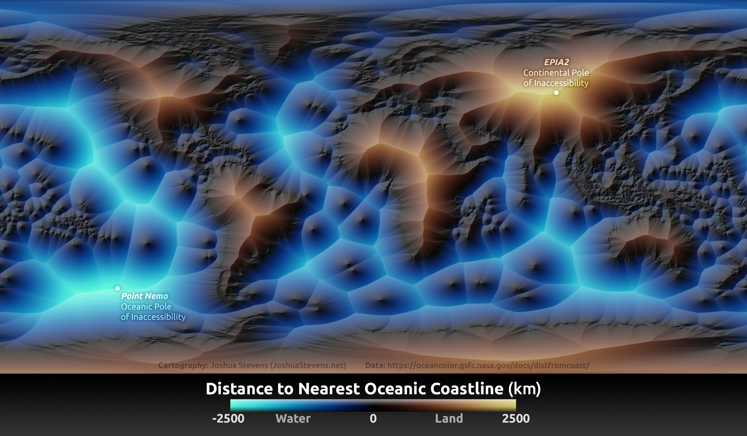 Nearest distance to coast shown with the aid of color and relief. The points most remote to the shore (at land and at sea) are indicated (oceanic and continental poles of inaccessibility). Photo: Joshua Stevens (https://www.joshuastevens.net/blog/mapping-the-distance-to-the-nearest-coastline/).