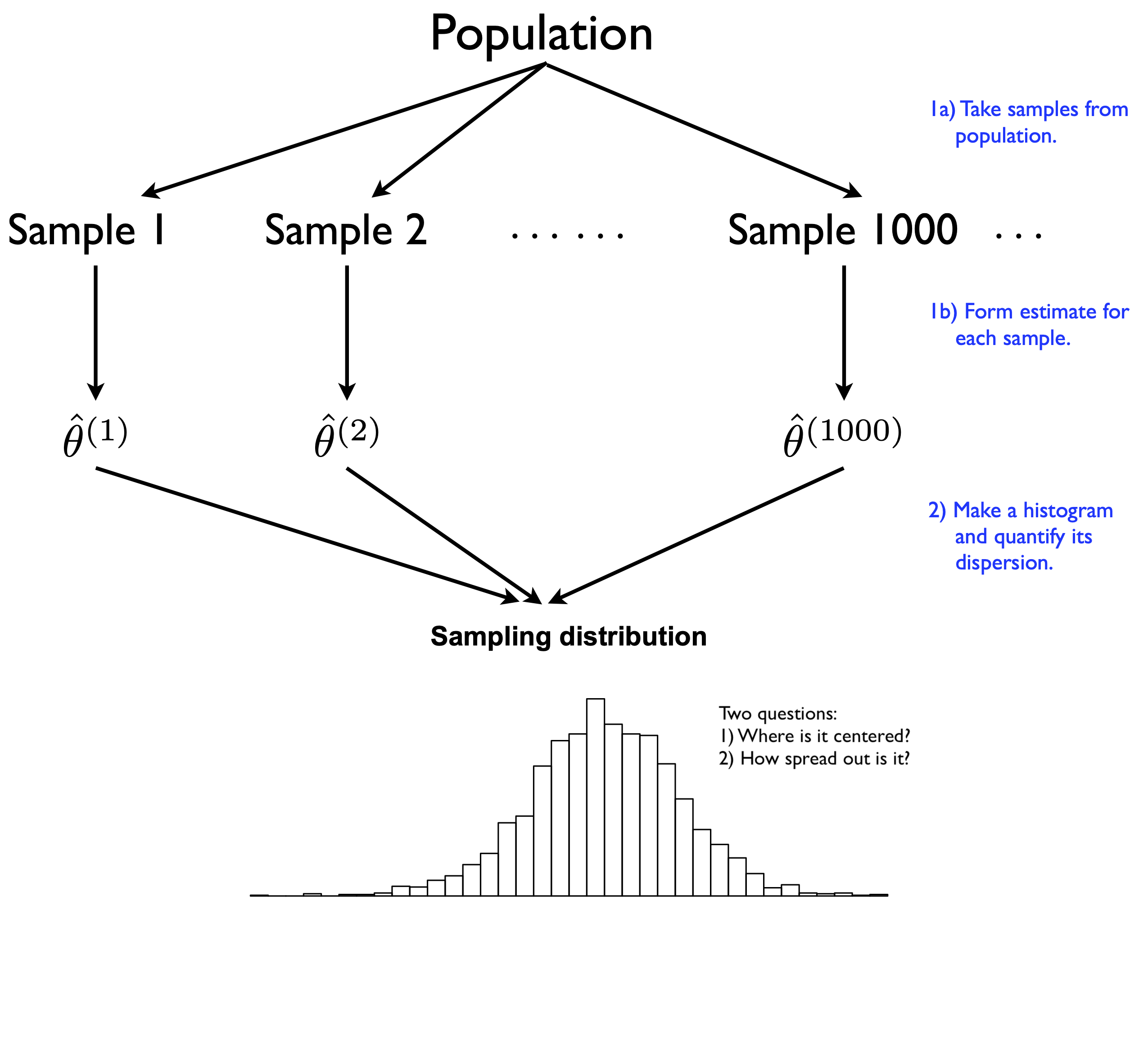 A stylized depiction of a sampling distribution of an estimator.