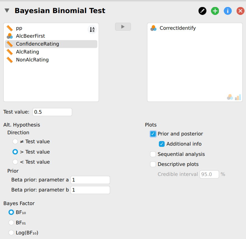 Screenshot of the options for the Bayesian binomial test in JASP.