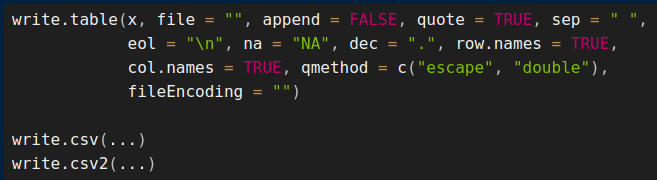 Help da função `write.table()` e similares.