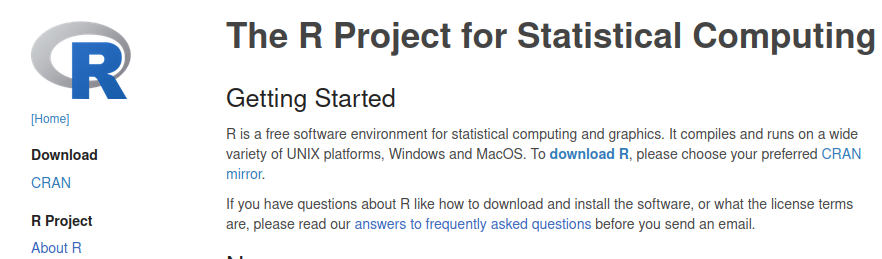 Página principal do R Project com a indicaçaõ do *link* para baixar o R.