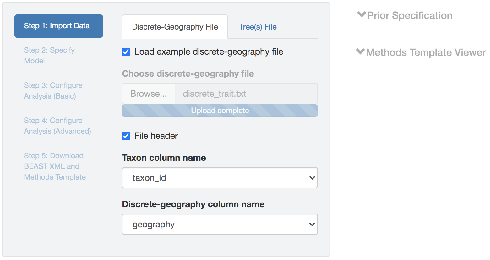 Import data panel (discrete-geographic data file).