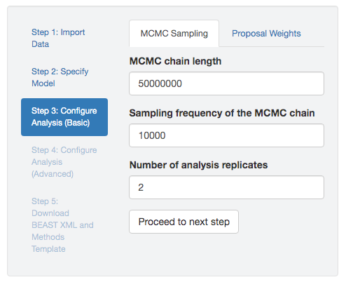 MCMC settings. You can specify the simulation length, sampling frequency, and number of replicate simulations.