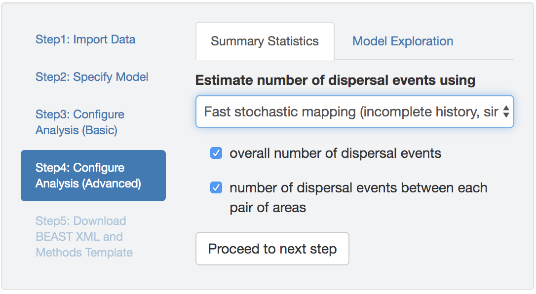 Options for inferring biogeographic history. You can specify either the integration-based or simulation-based methods for stochastic mapping of biogeographic histories, and for either method, you can choose to estimate the total and/or pairwise number of dispersal events.