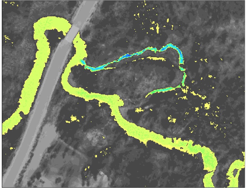 Example of airborne thermal infrared imagery showing temperature contrast in a stream near a road crossing