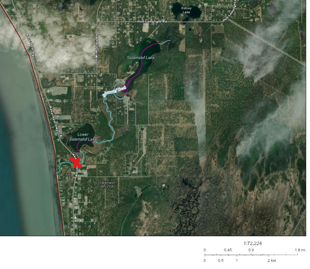 Salamatof Creek drainange, North of Kenai, Alaska. Red X indicates location of fish passage barrier.