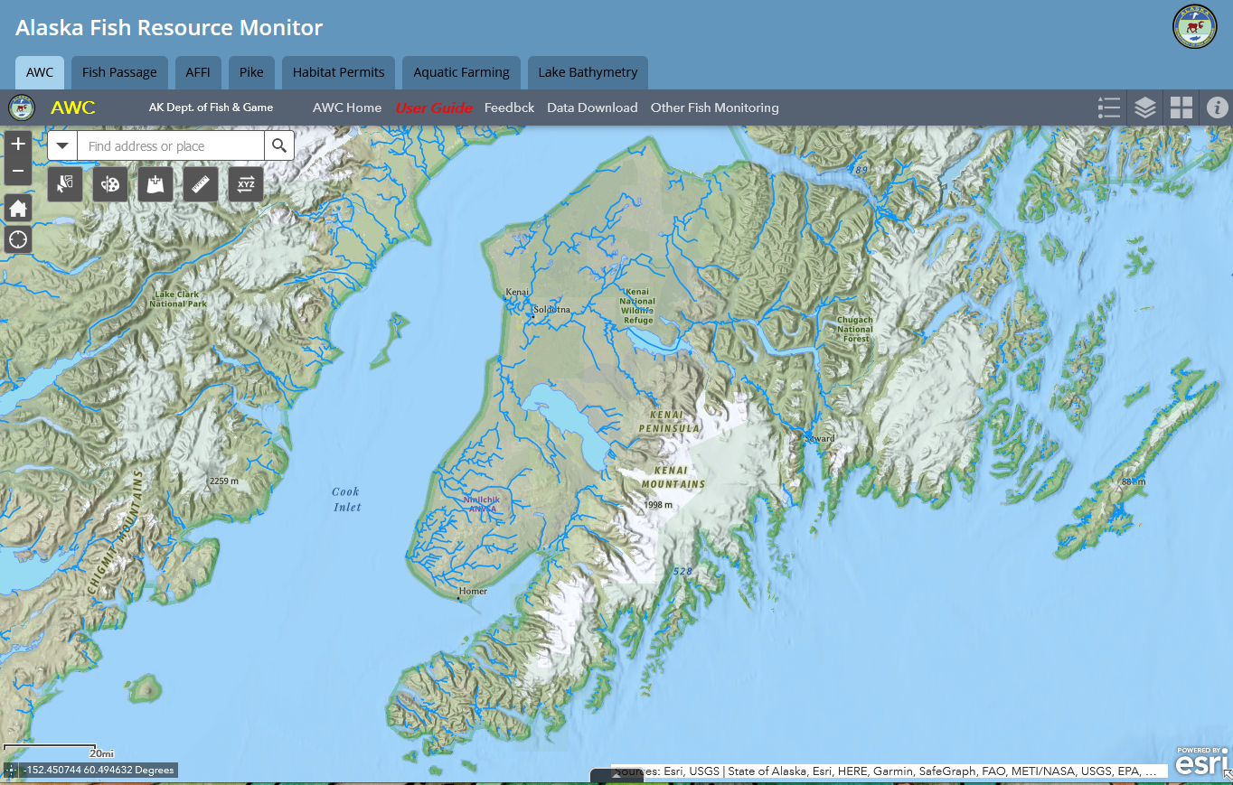 Online interactive map of Alaska Department of Fish and Game's Anadromous Waters Catalog. Access the map at https://bit.ly/awc_map.