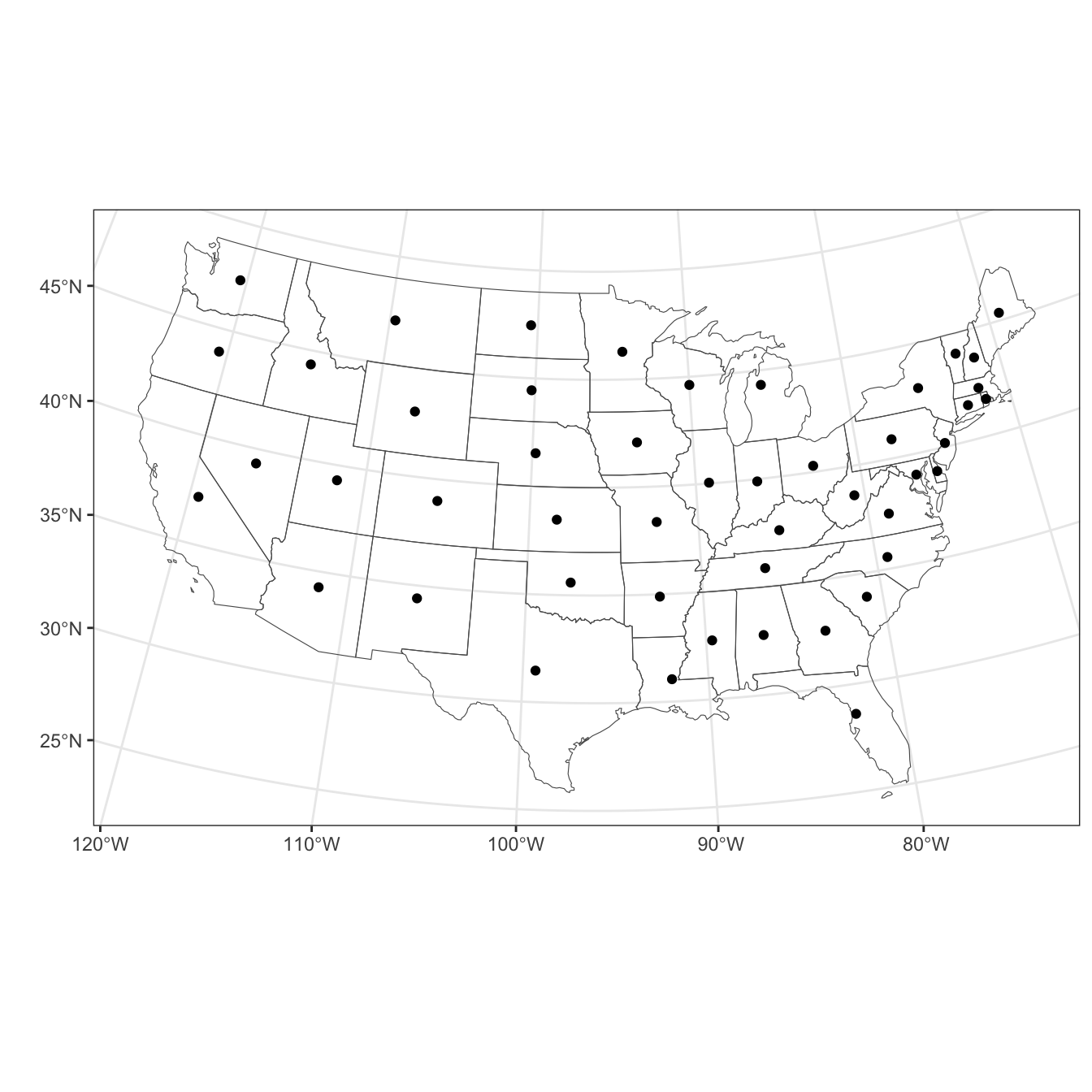 The US States and the geoemtric centroids used as locations in the SVC and STVC models.