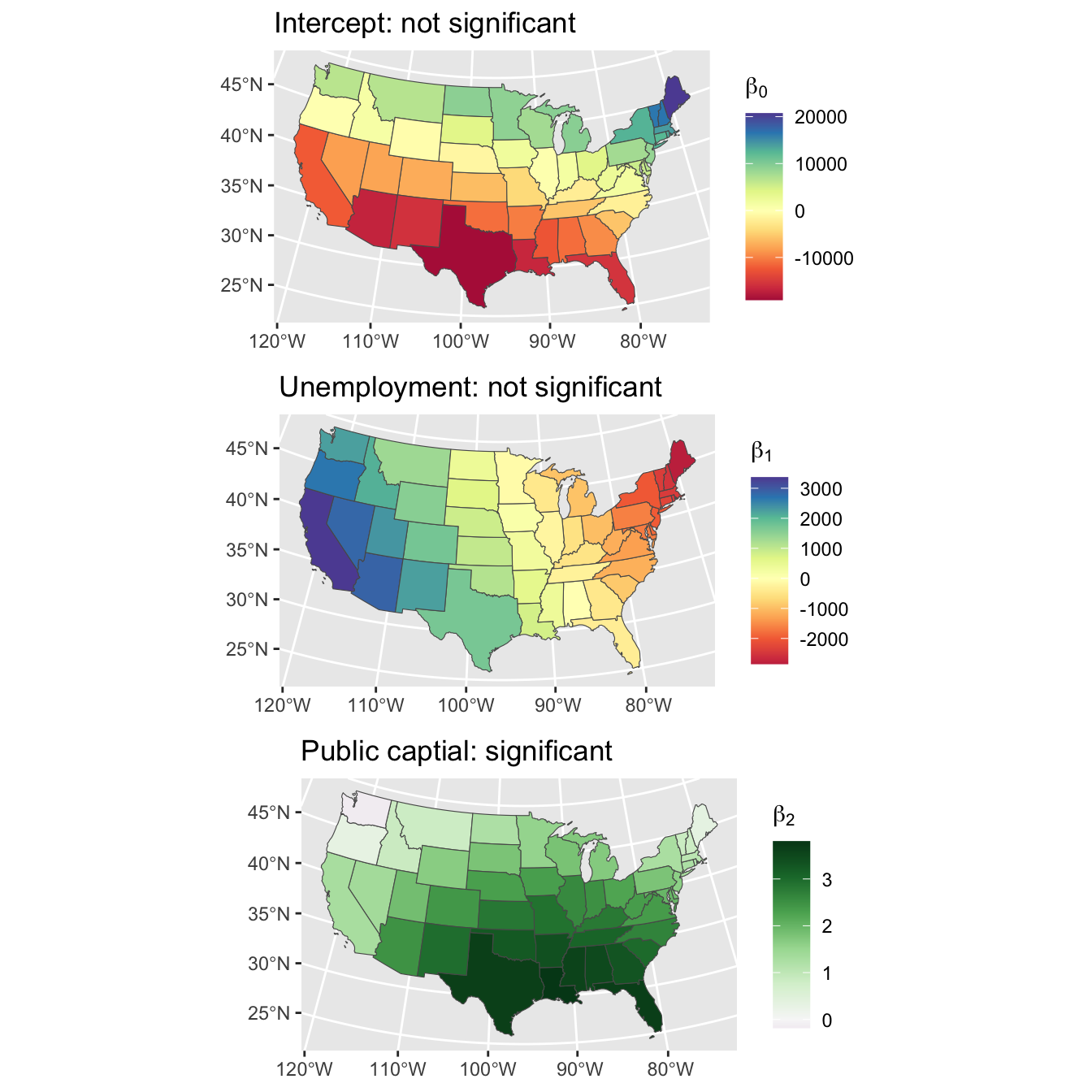 The Intercept, Unemployment and Public capital spatially varying coefficient estimates.