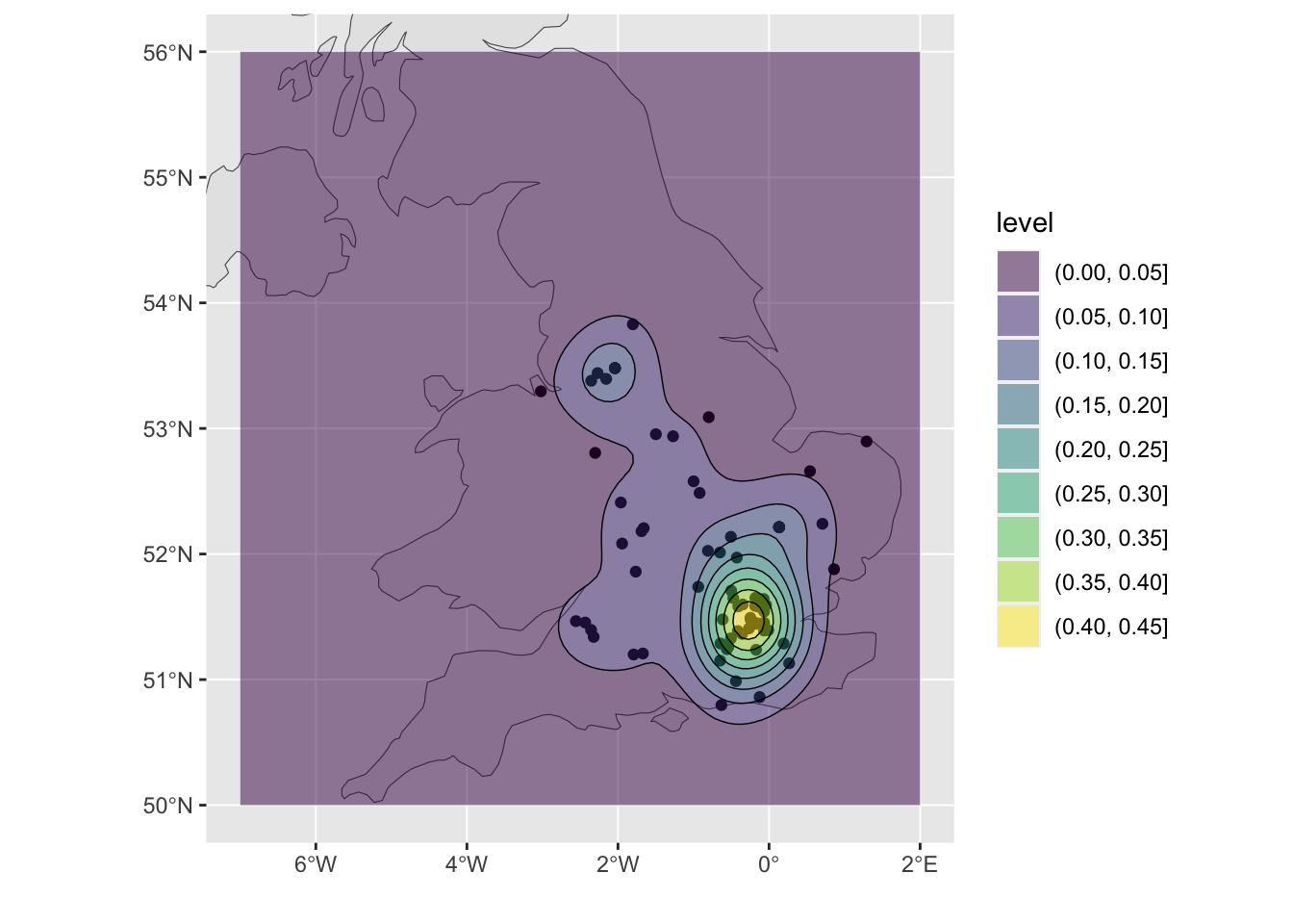 A ggplot density surface with some context.