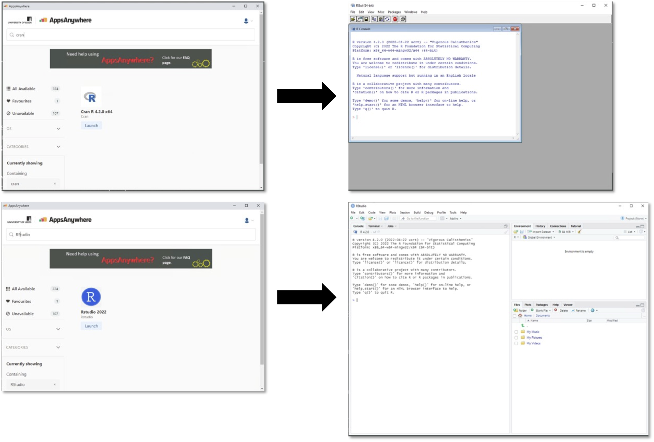 AppsAnywhere: launching R called Cran R (top), and RStudio (bottom).