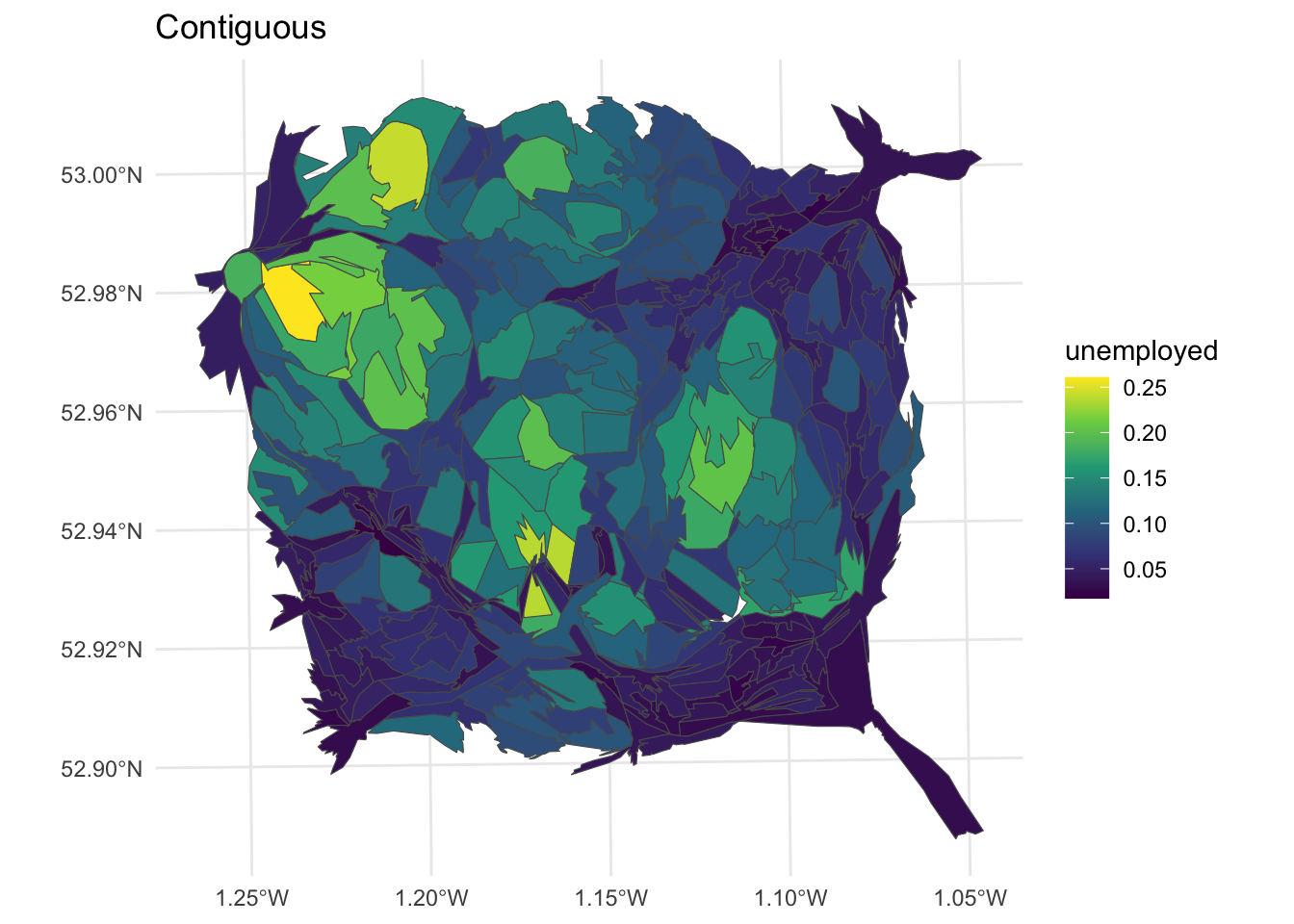 Nottingham unemployment rates using a contiguous cartogram.