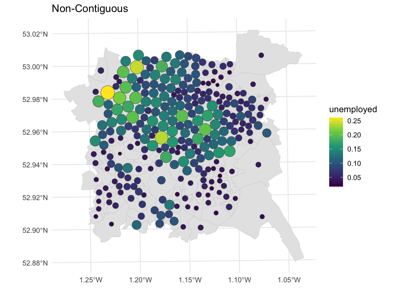 Nottingham unemployment rates using a Dorling cartogram.