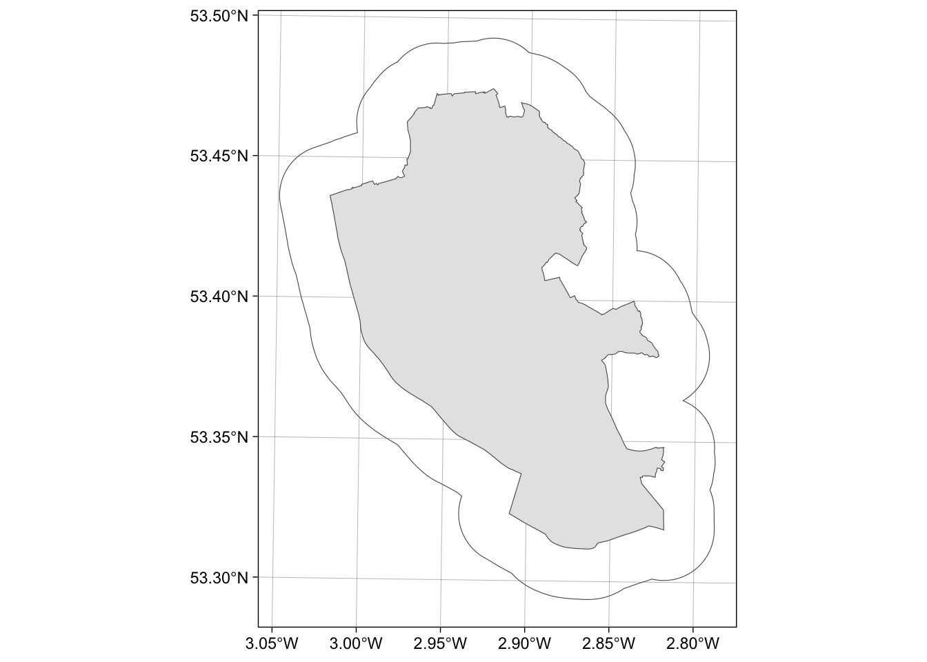 The outline of the Liverpool area (in grey) and a 2km buffer.