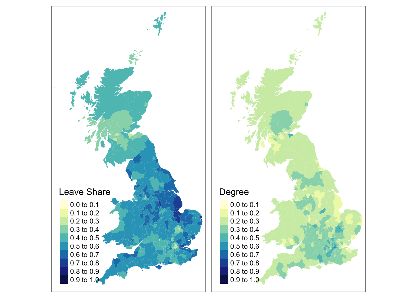Choropleth maps of `share_leave` and `degree_educated`.