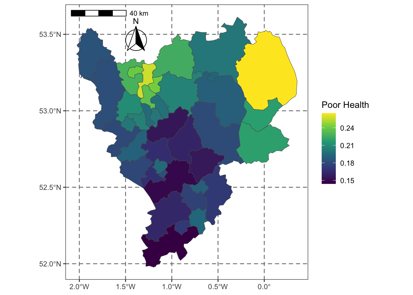 Map of Poor Healthin the East Midlands using `ggplot` with cartographic enhancements.
