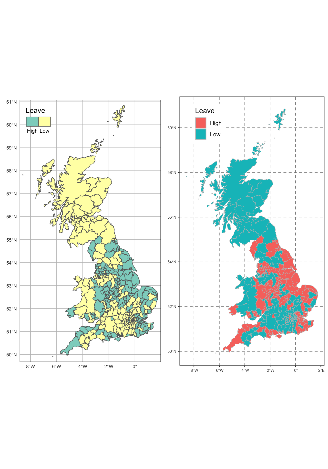 LADs with High and Low areas of leave voting using both tmap (top) and ggplot (bottom) approaches.