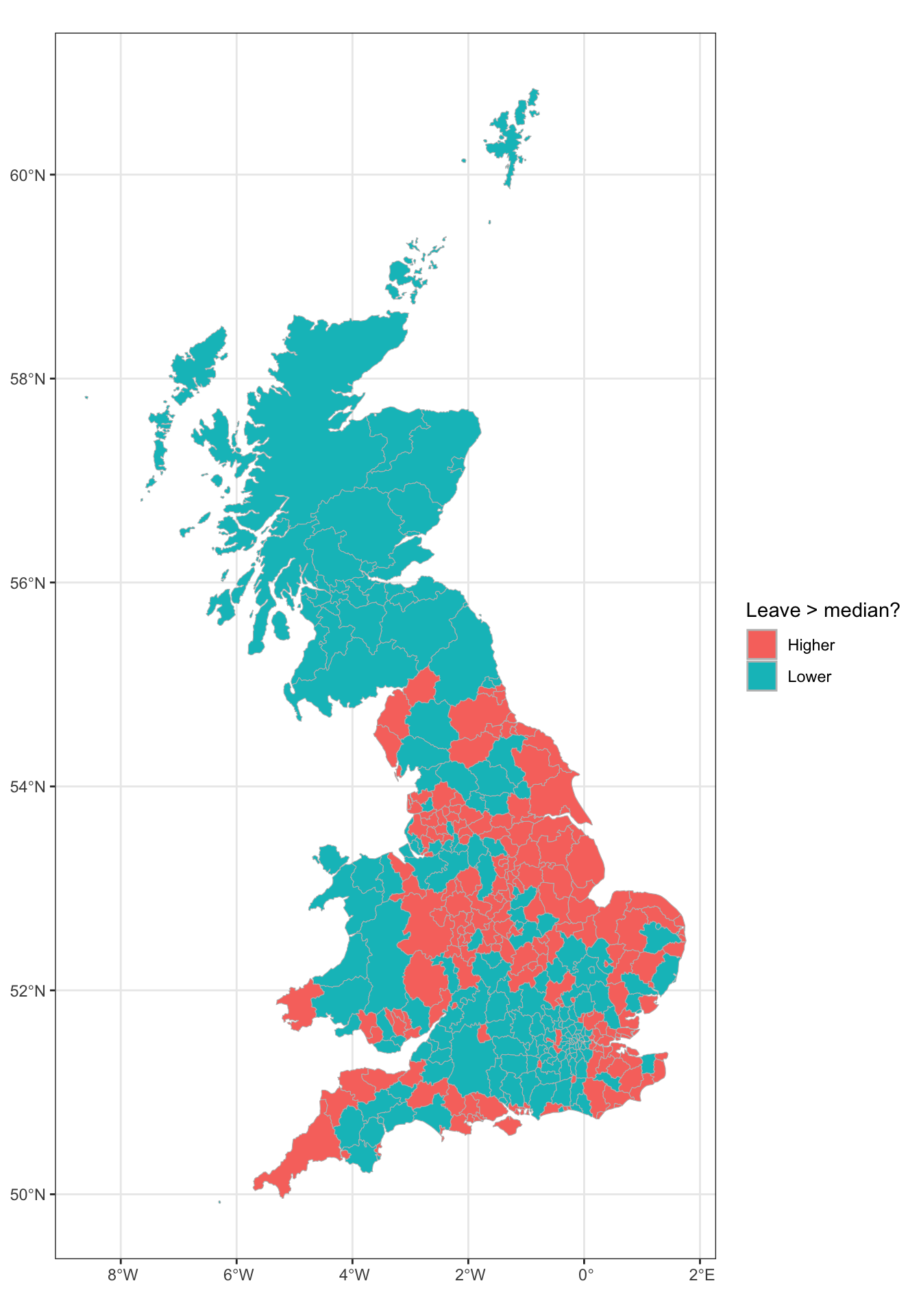 LADs with High and Low areas of leave voting using both tmap (top) and ggplot (bottom) approaches.