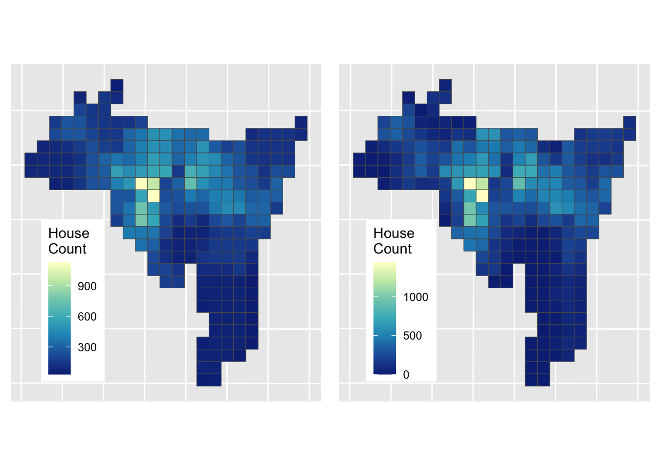 The results of Area weighted interpolation (left) and Dasymetric interpolation (right).