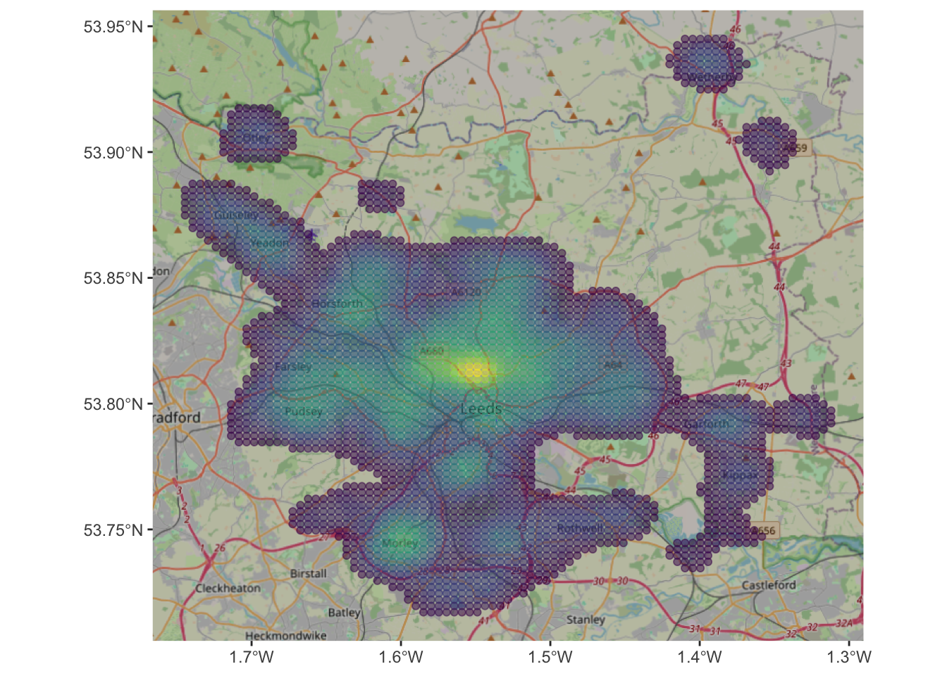 A filtered KDE of 2021 house sales in the Leeds area with an OSM backdrop.