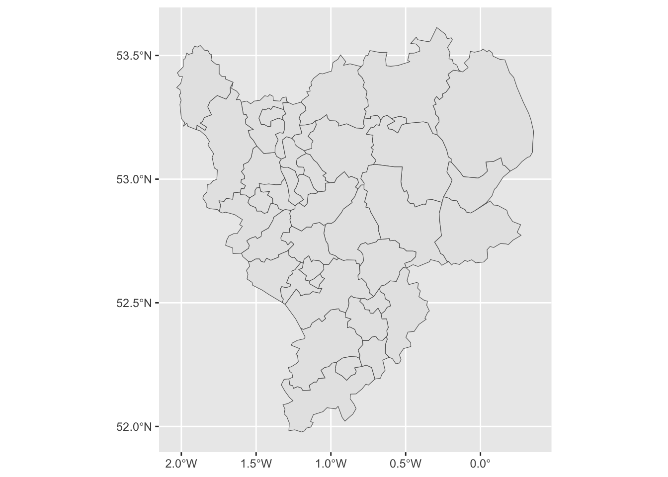 The map of the LADs in te East Midlands created using ggplot.