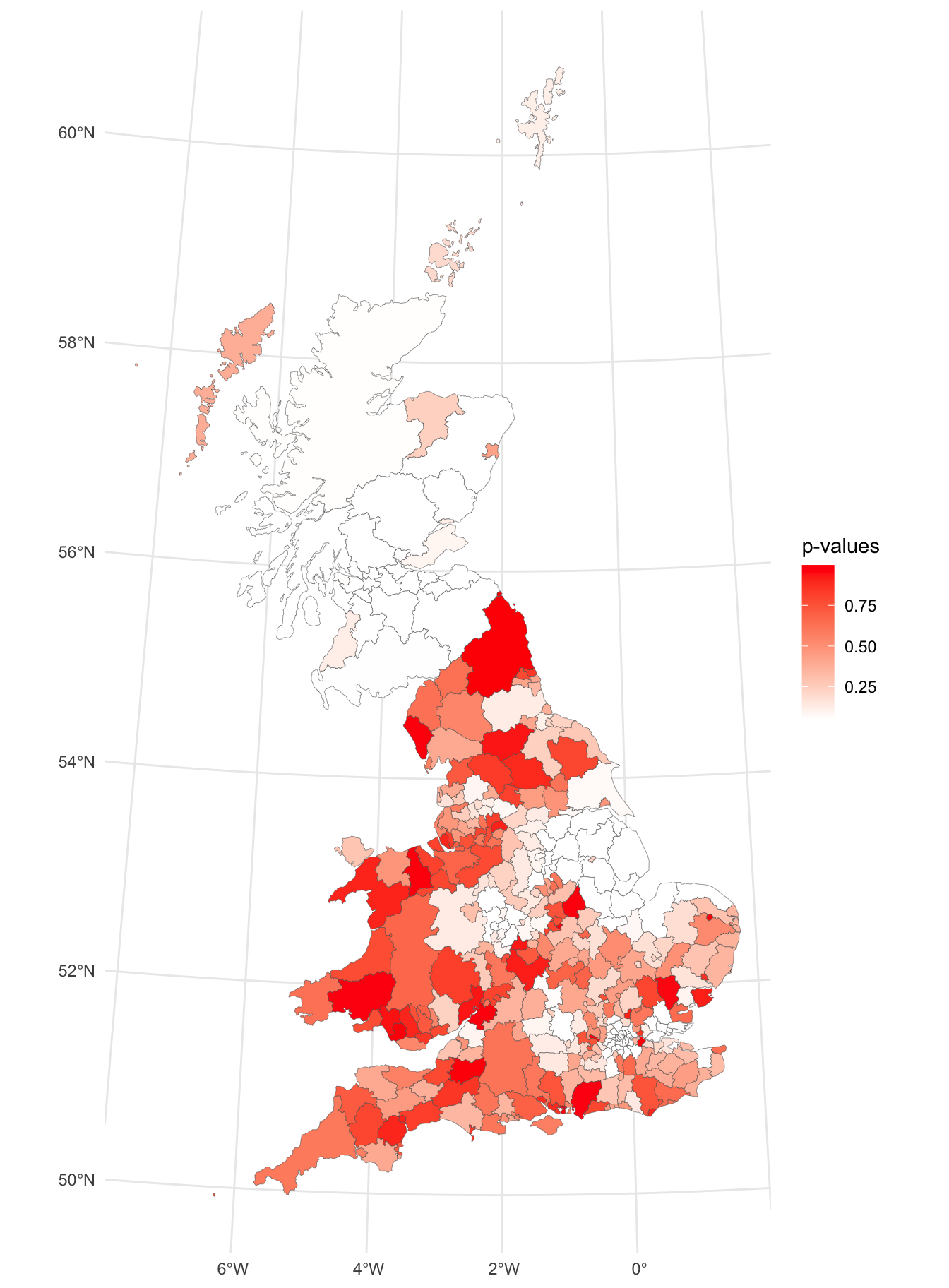 A map signficant (white) and insignificant (reds) areas local Moran's I.