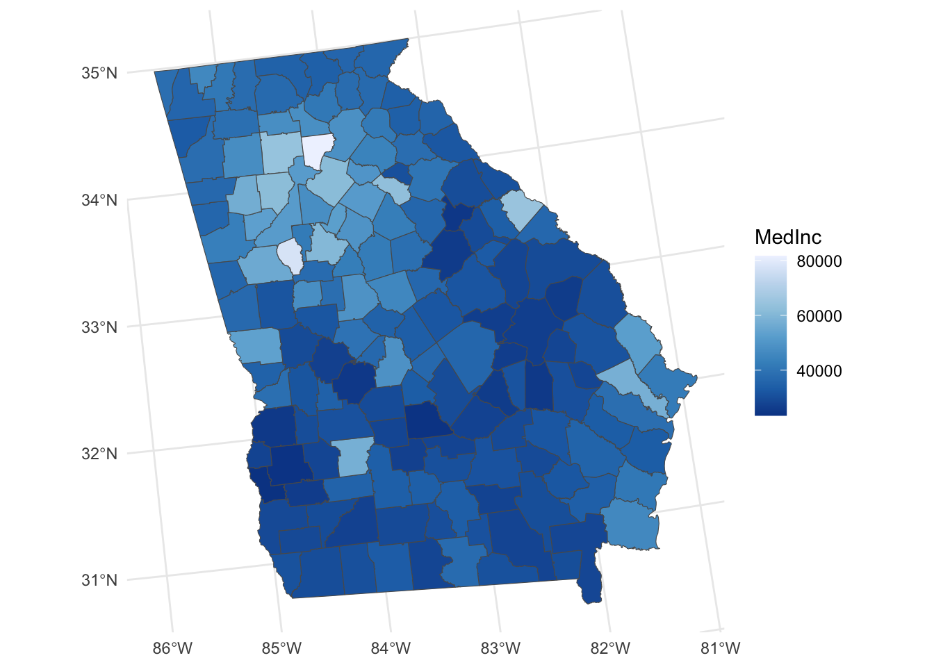 A map of the Median Income variable.